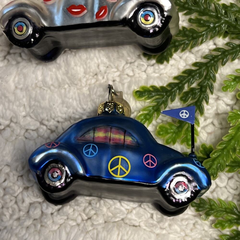 Dept 56 Set of 3 Glass Bug Beetle Car Ornaments Peace Lips Kiss Department - Picture 2 of 13